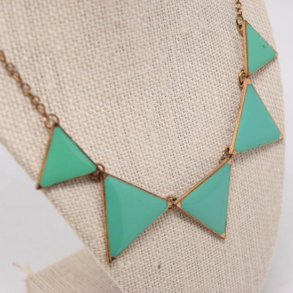 Triangle Pyramid Bib Necklace Geometric Goldtone Green Boho Colorblock Runway - Picture 3 of 9